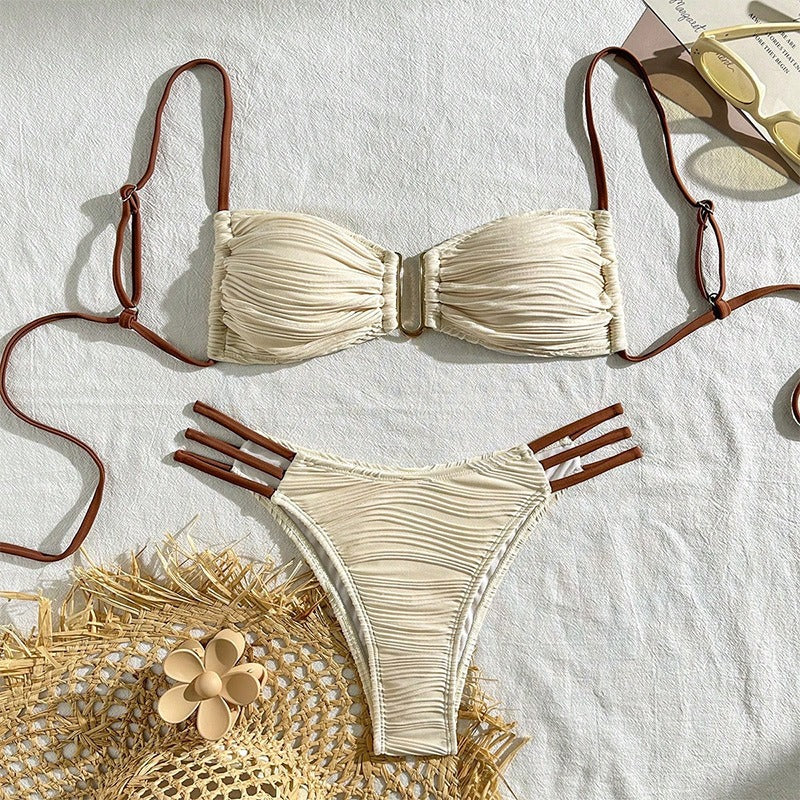 Cream Textured Bandeau Bikini Set
