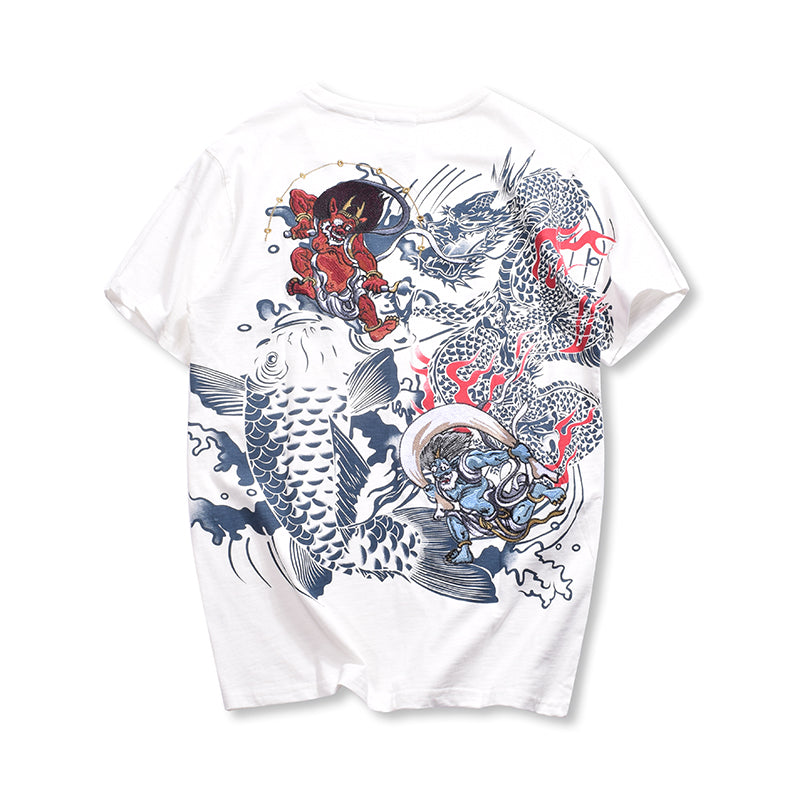 Embroidered Thunder God and Koi Short Sleeve Shirts | Streetwear