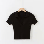 V-Neck Solid Color Short Sleeve Knit Crop Top