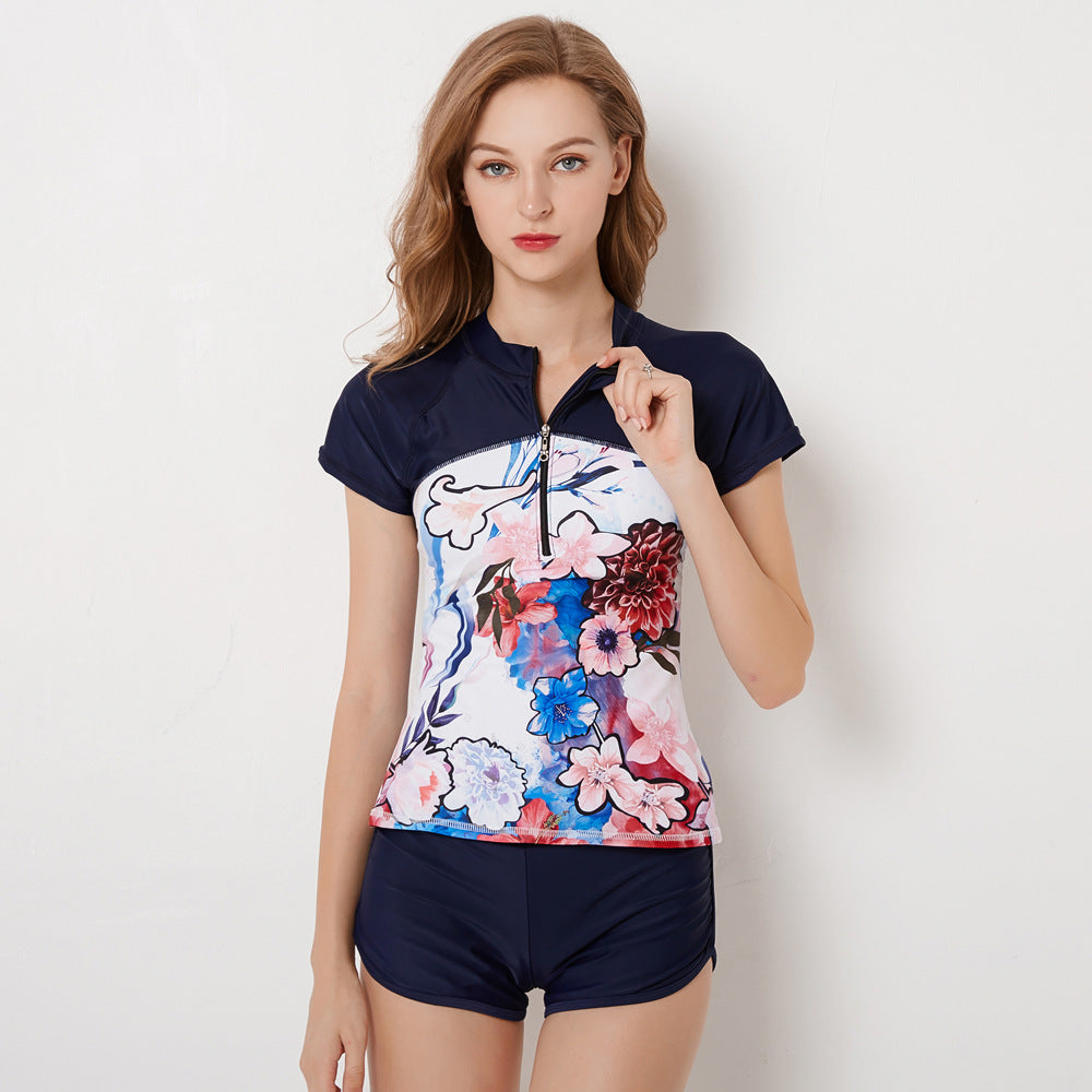 Floral Short-Sleeve Swim Top and Shorts Set