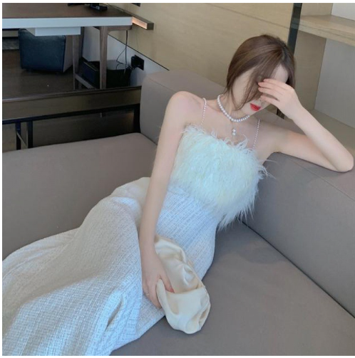 Feather-Trim Strapless A-Line Midi Dress