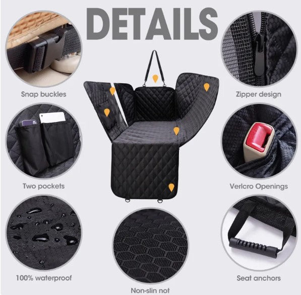 Waterproof Car Rear Seat Pet Mat Quilted Dog Hammock with Raised Sides Storage Pockets and Seat Belts Anti-Dirty Scratch-Proof Back Seat Protector