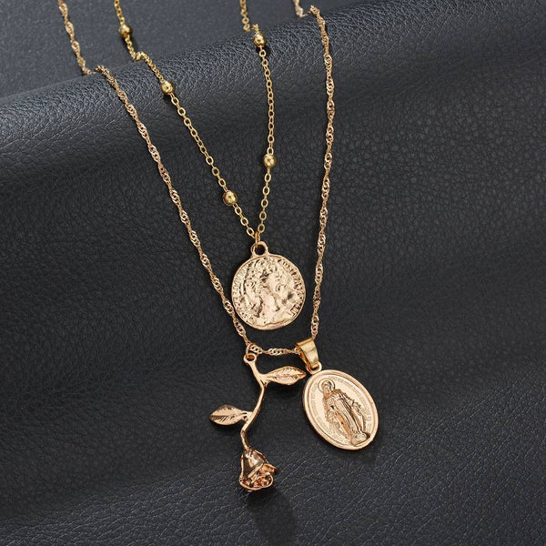 Layered Rose and Medallion Pendant Necklace