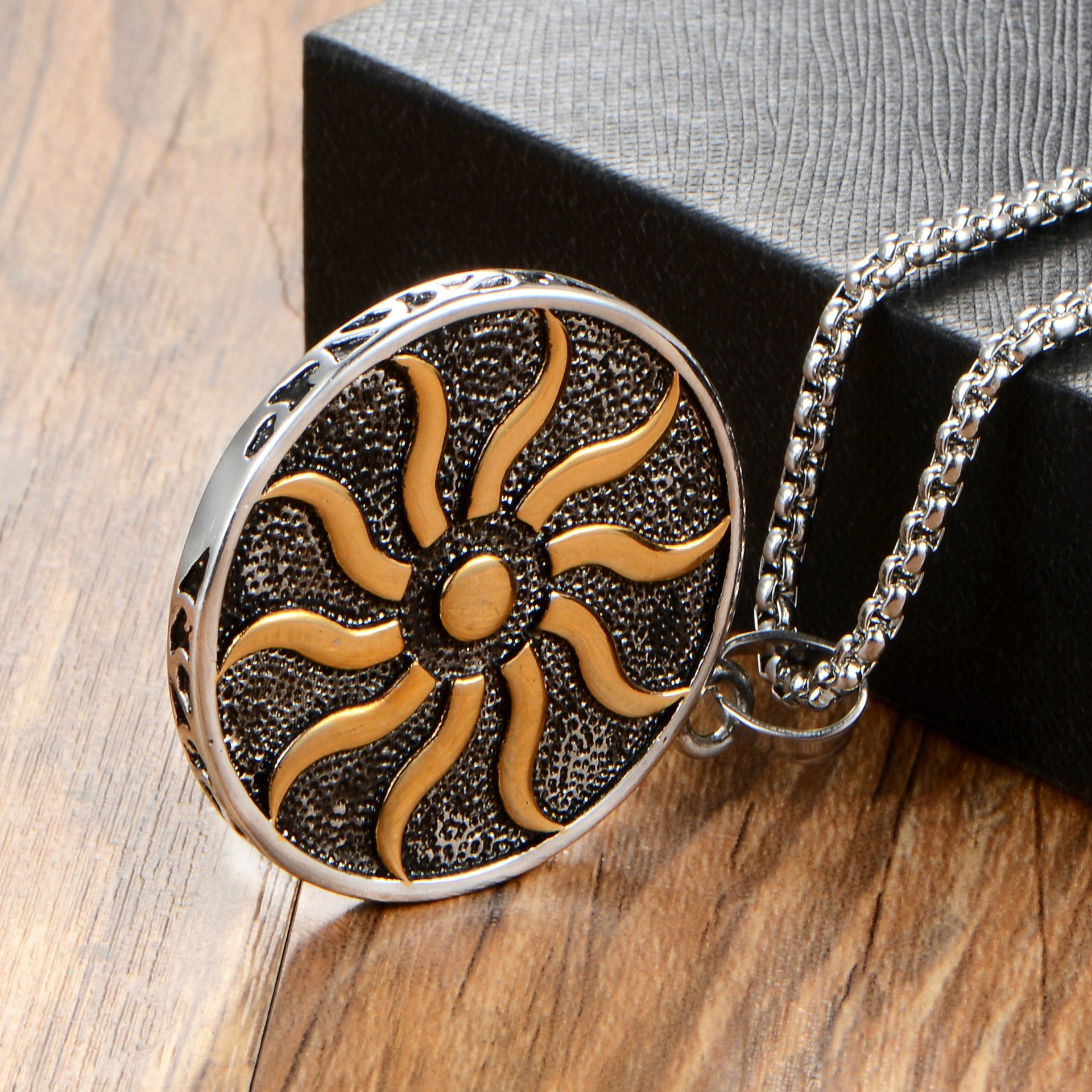 Stainless Steel Sun Medallion Pendant Necklace