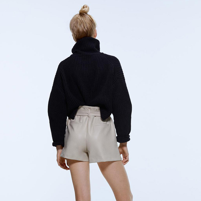 High-Waisted PU Leather Shorts with Tie Belt for Women