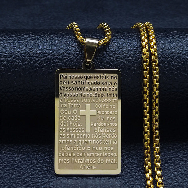 Stainless Steel Lord's Prayer Cross Dog Tag Necklace | Christian Jewelry