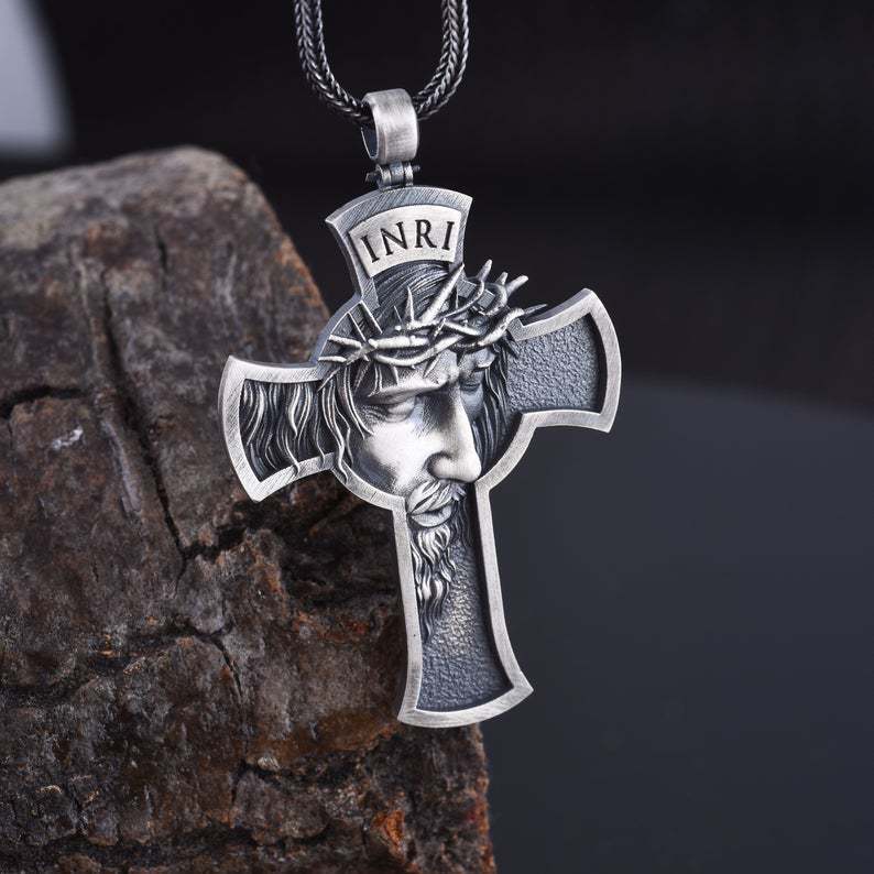 Jesus Face INRI Cross Pendant Necklace