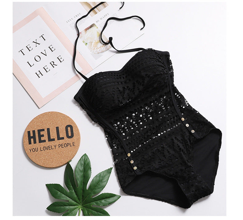 Black Crochet Lace One-Piece Swimsuit