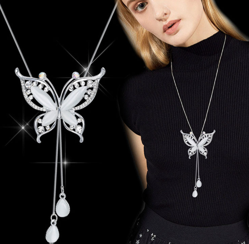 Crystal Butterfly Cat Eye Stone Long Tassel Necklace