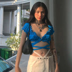 Deep V-Neck Ruffle Edge Crop Top with Ties