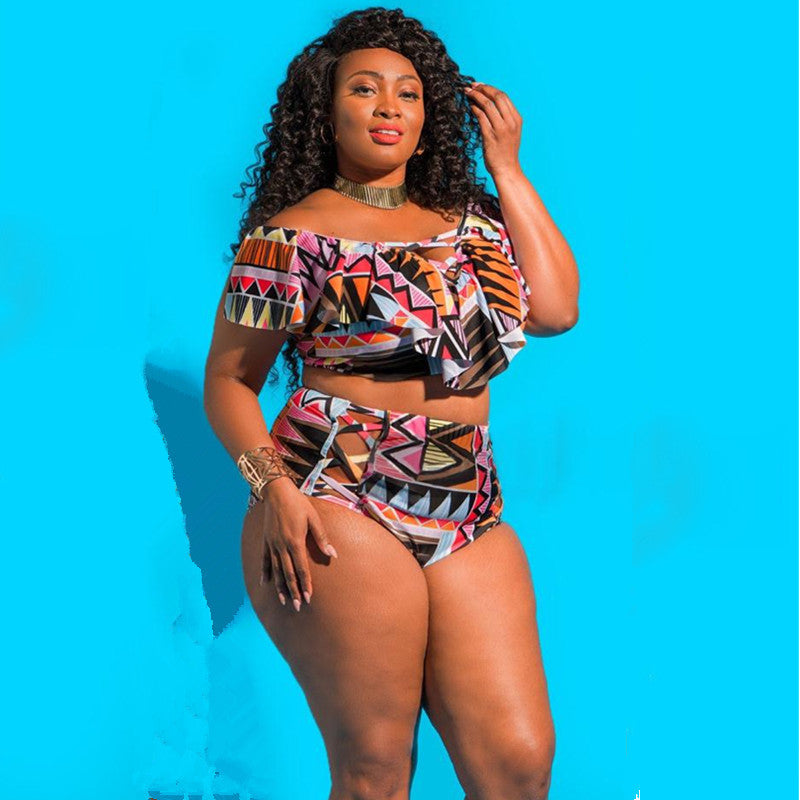 Plus Size Women's Geometric Ruffle High-Waist Bikini Set