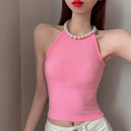 French Off Shoulder Slim Solid Tank Top for Women