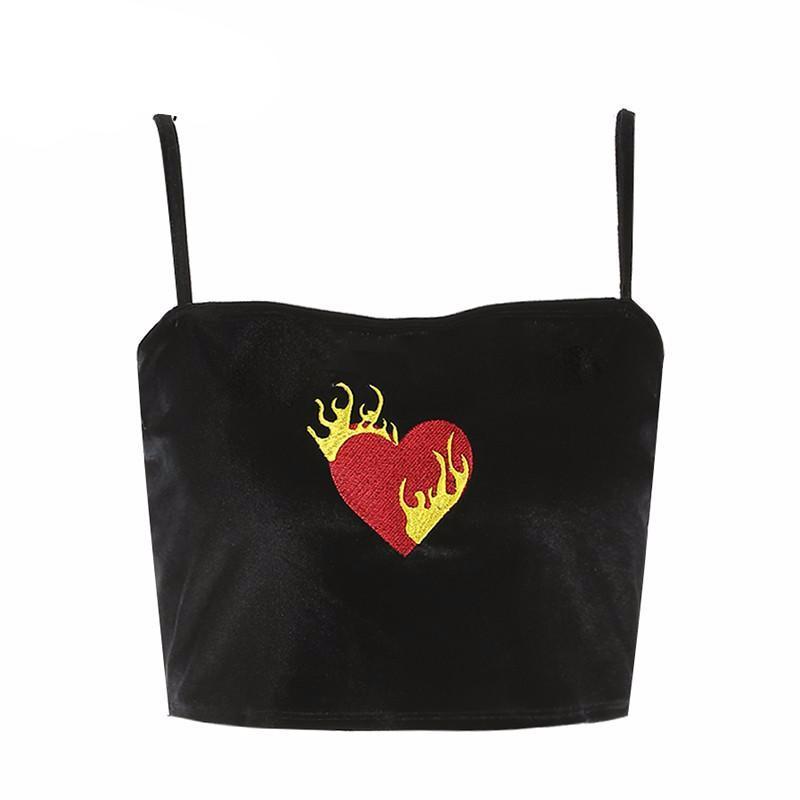 Velvet Flaming-Heart Embroidered Crop Cami