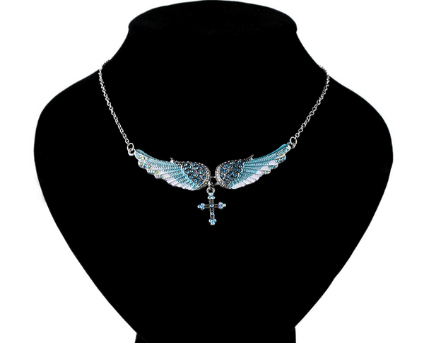 Angel Wings Cross Pendant Necklace with Crystals