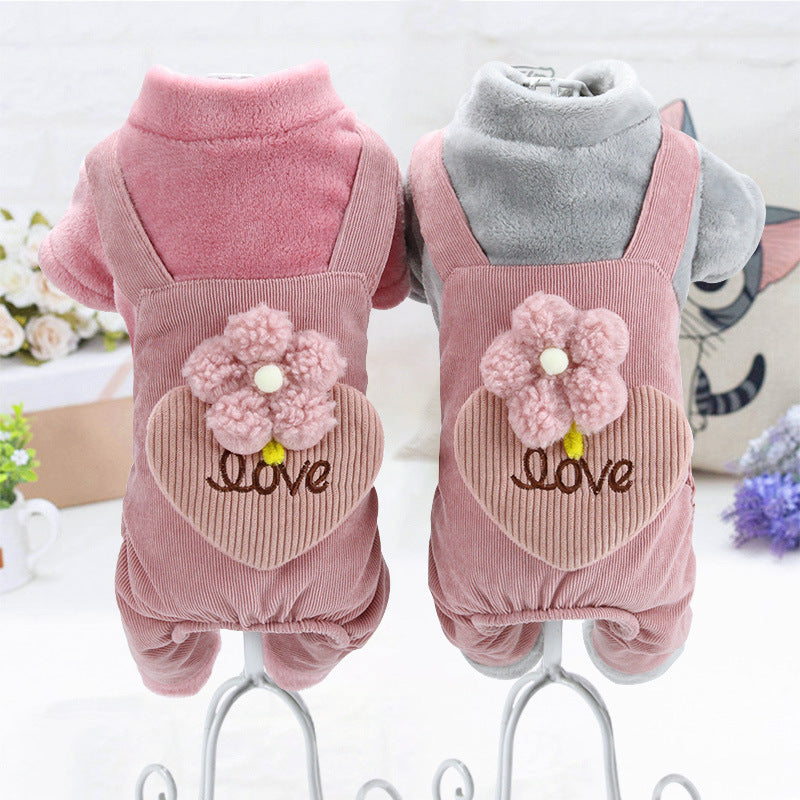 Warm Fleece-Lined Dog Jumpsuit, Cute Corduroy Overall Coat with Flower & Heart LOVE Detail for Small Dogs, Winter Pet Clothes