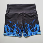 High-Waisted Blue Flame Print Yoga Shorts for Women