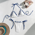 Beige Ribbed Triangle String Bikini Set