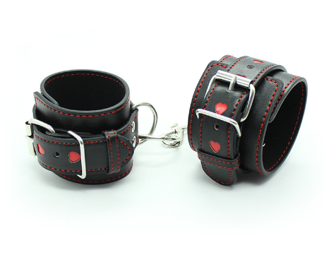 Heart Studded Leather Collar and Chain Leash Set with Adjustable Wrist Cuffs, Adult Roleplay Restraint Kit for Couples