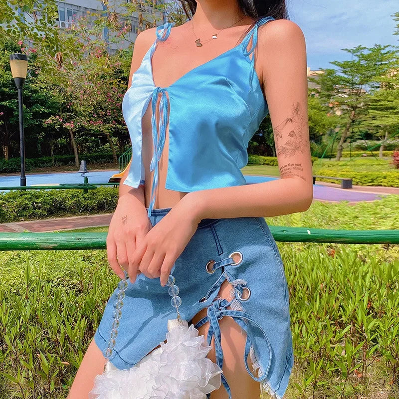 Casual Blue Satin V-neck Crop Top for Women