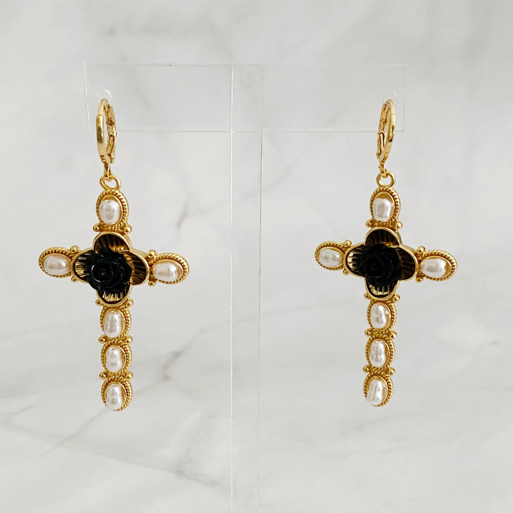 Black Rose Cross Pearl Drop Earrings