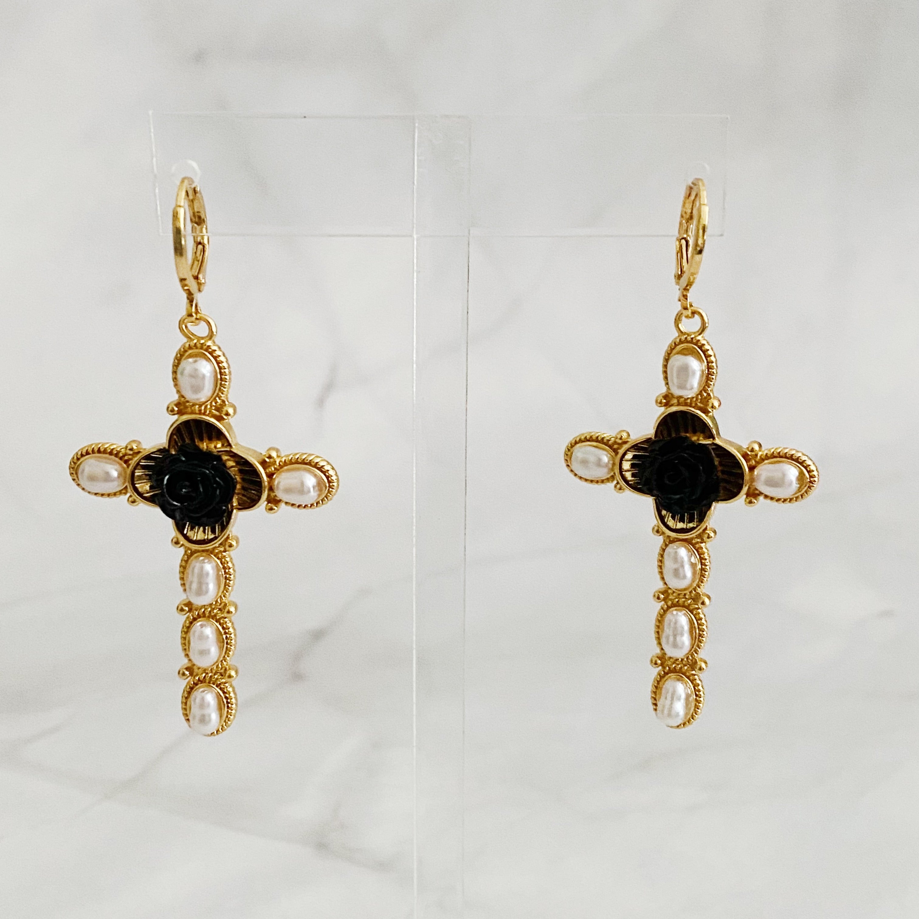 Black Rose Cross Pearl Drop Earrings