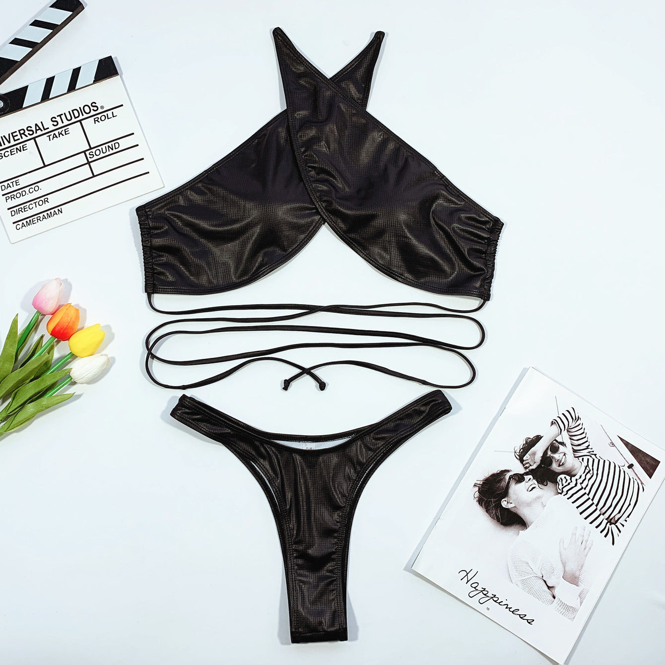 Women's Solid Color Leather Bikini Swimsuit with Straps