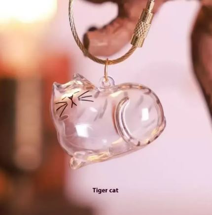 Transparent Cat Keychain Storage Capsule, Clear Kitty Pendant Bag Charm with Wire Ring for Keepsakes and Pet Hair, Gift for Cat Lovers