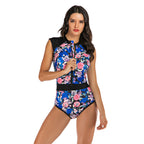 Blue Floral Zip-Front Sleeveless One-Piece Surf Swimsuit