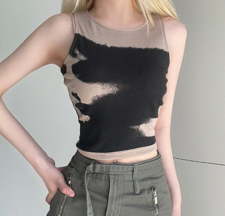 Tie Dye Contrast Sleeveless Round Neck Crop Top
