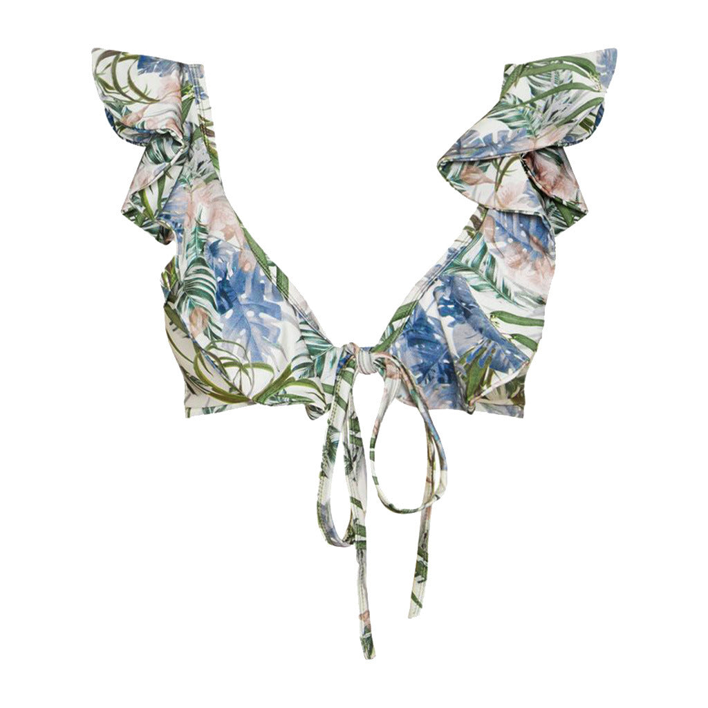Tropical Leaf Print Ruffle Bikini Set