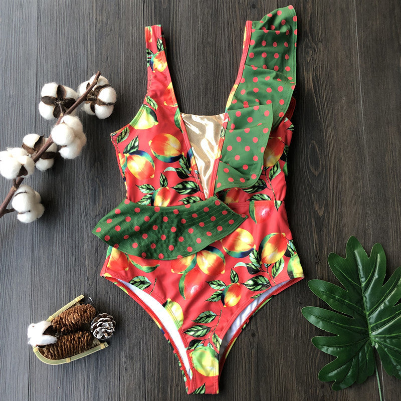 Tropical Print Ruffle One-Piece Swimsuit