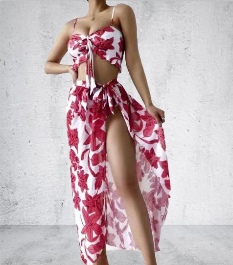 Floral Three-Piece Bikini and Cover-Up Skirt Set