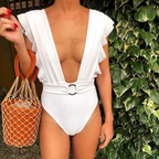 Ruffle Deep-V O-Ring One-Piece Swimsuit