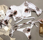Puff Sleeve Wrap Bikini Set in Leopard Print