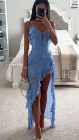 Single Blue Dress - Irregular Cut Camisole Style (One Piece)