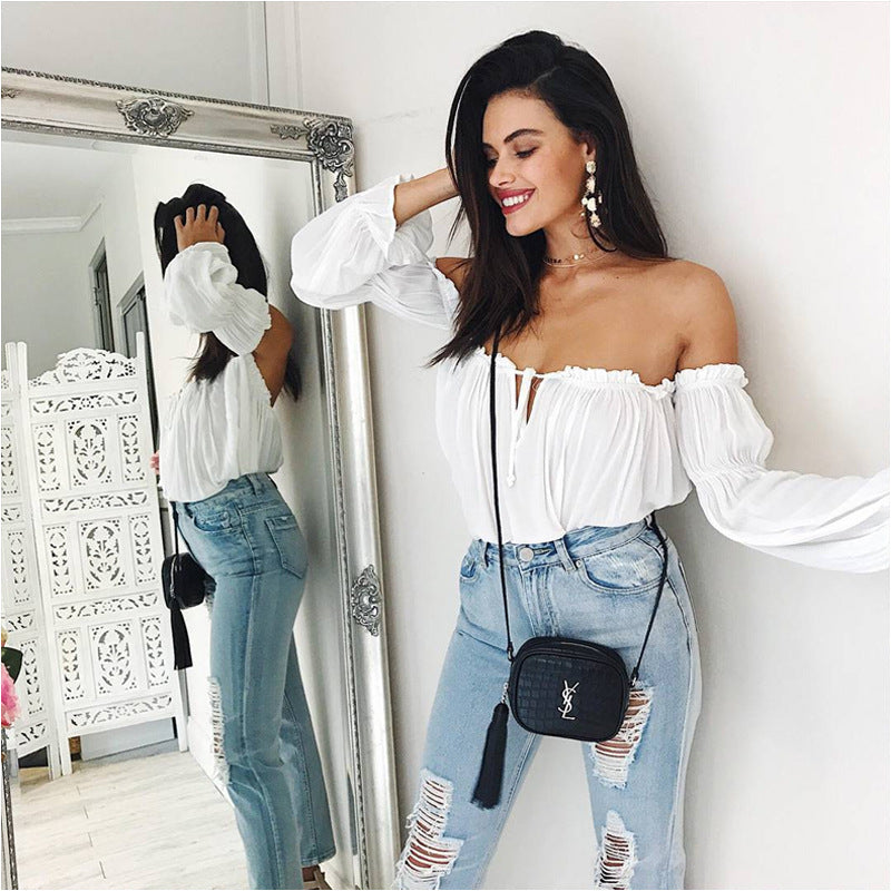 Women's White Off-Shoulder Ruffle Chiffon Cover-Up Top