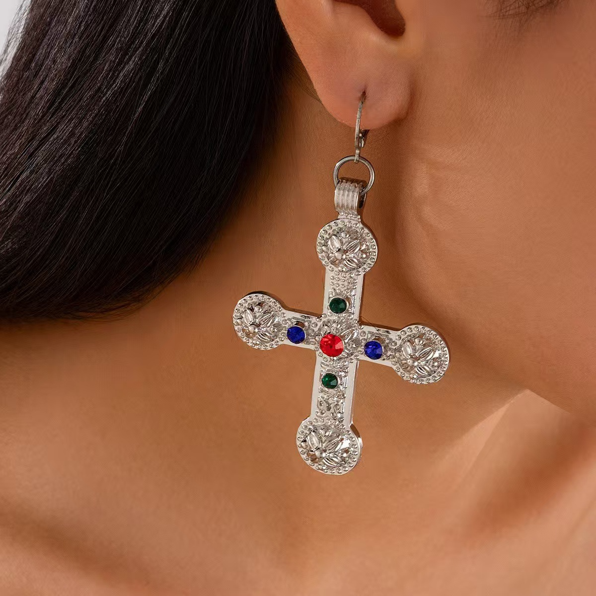 Jeweled Cross Drop Earrings