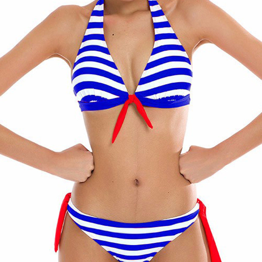 Striped Halter Triangle Bikini Set