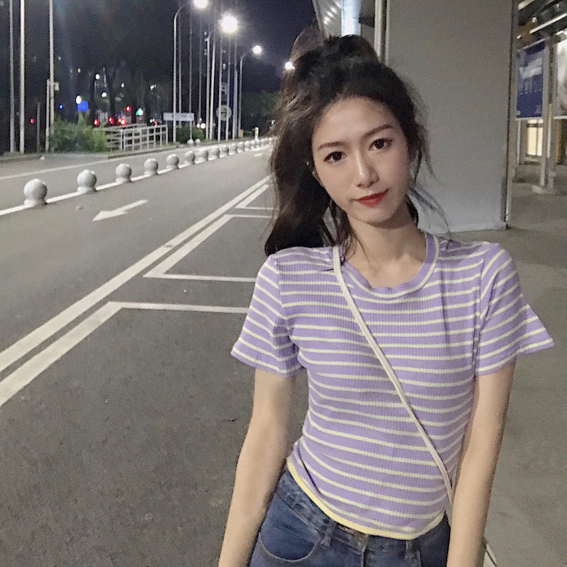 Casual Color Block Striped Knit Crop Top for Women