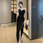 Strapless Ruched High-Slit Maxi Dress