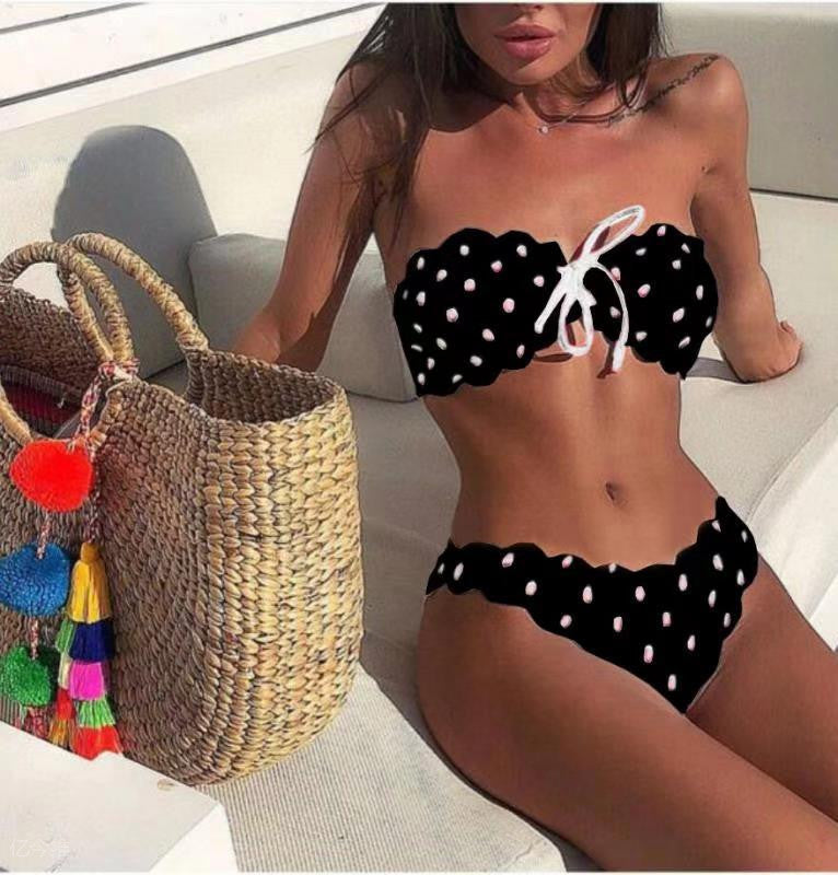 Women's Heart Print Scalloped Bandeau Bikini Set