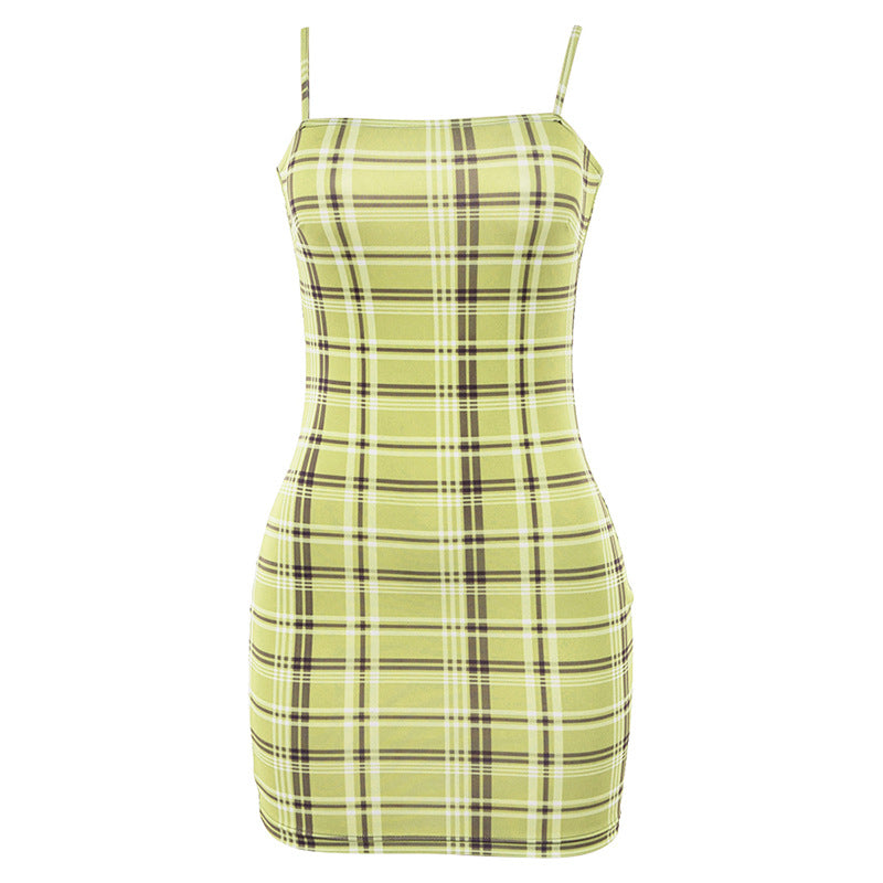 Autumn Plaid Bodycon Dress with Spaghetti Straps