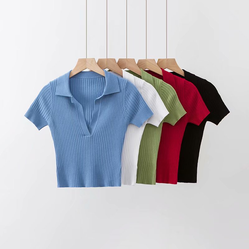 V-Neck Solid Color Short Sleeve Knit Crop Top