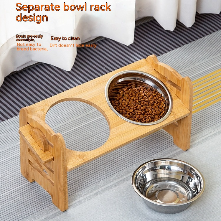 Elevated Double Bowl Pet Feeder with Bamboo Stand & Stainless Steel Bowls, Raised Food & Water Station for Cats & Small Dogs
