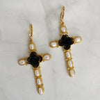 Black Rose Cross Pearl Drop Earrings