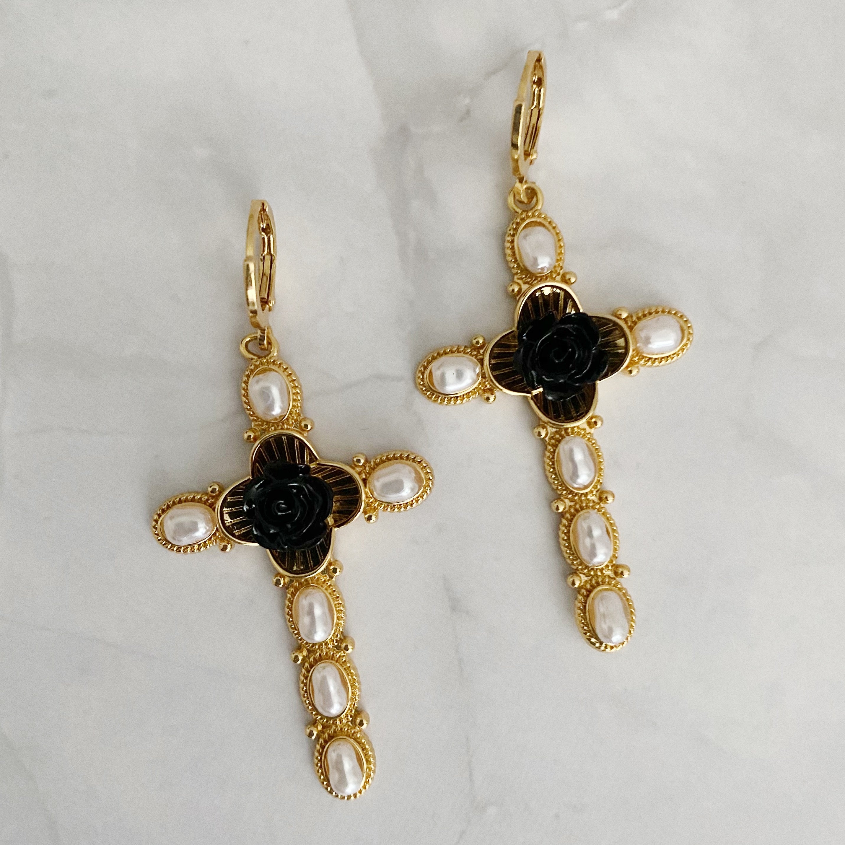 Black Rose Cross Pearl Drop Earrings