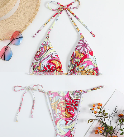 Women's Floral Swirl String Triangle Bikini Set