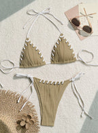 Beige Ribbed Triangle String Bikini Set