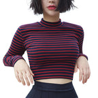 Striped Long Sleeve Crop Top Blouse