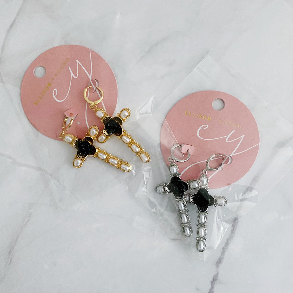 Black Rose Cross Pearl Drop Earrings